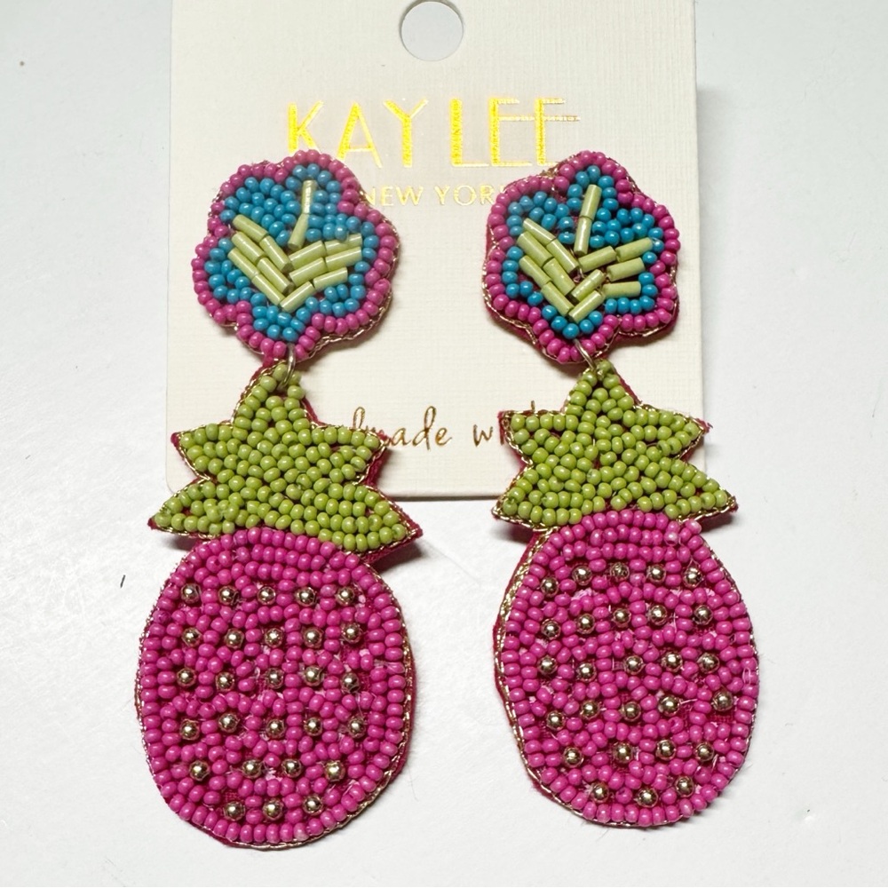Kay Lee New York | Handmade Beaded Earrings – Pink Pineapple – Tropical - NWT
